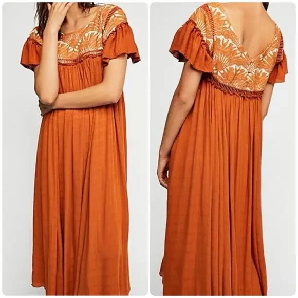 FREE PEOPLE Vintage Charm Relaxed Fit Flowy Embroidered Ruffled Midi Dress Sz XS - Picture 1 of 15